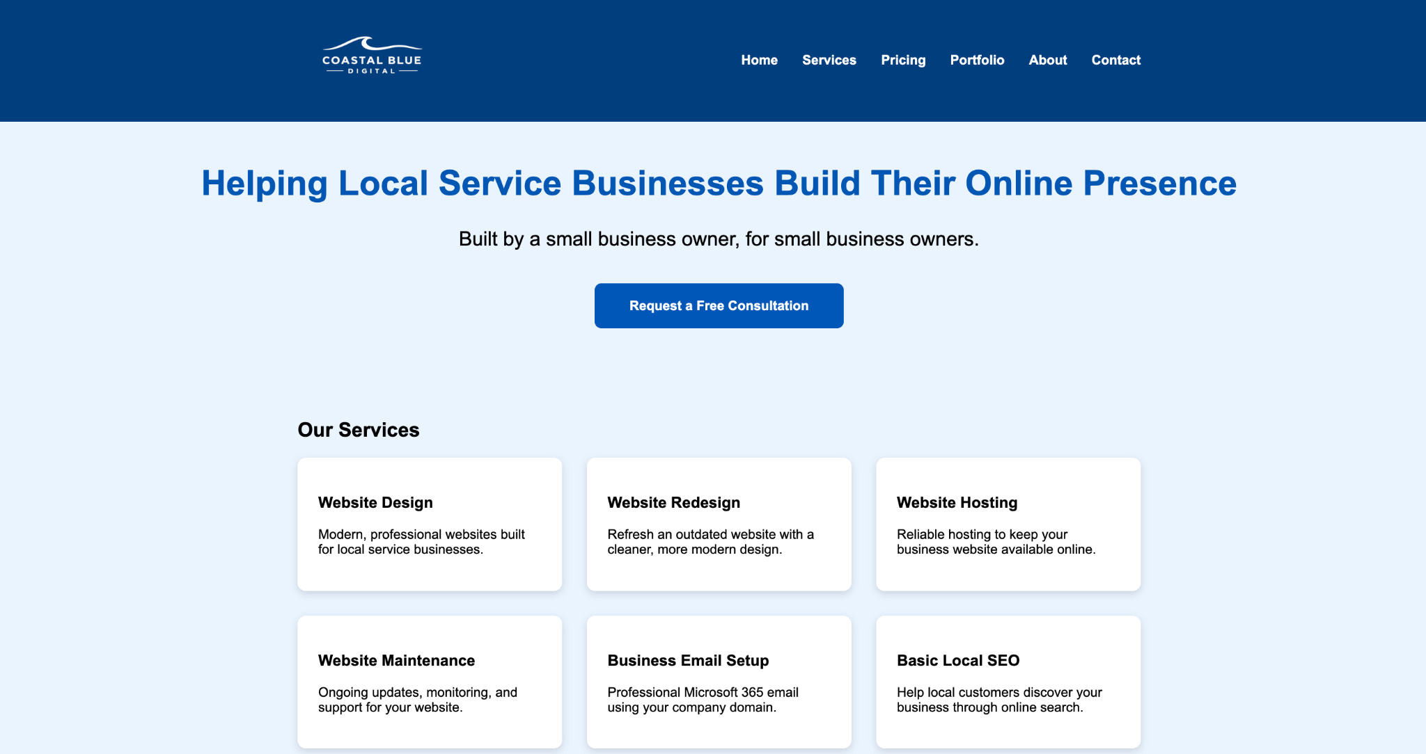 Coastal Blue Digital website homepage design